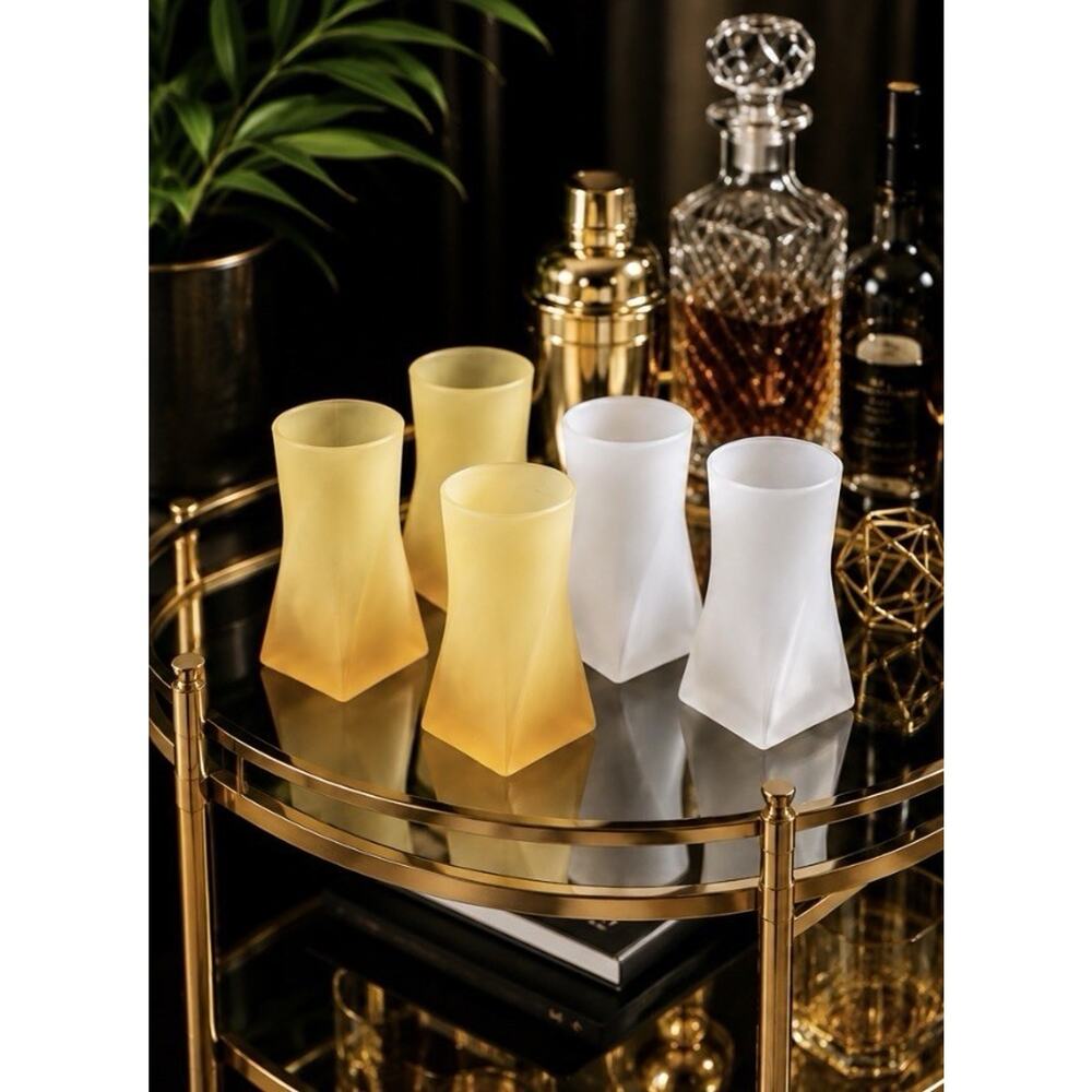 Extremely RARE Frosted Ombré Glasses Set 5 Twist Square Base Yellow Vintage